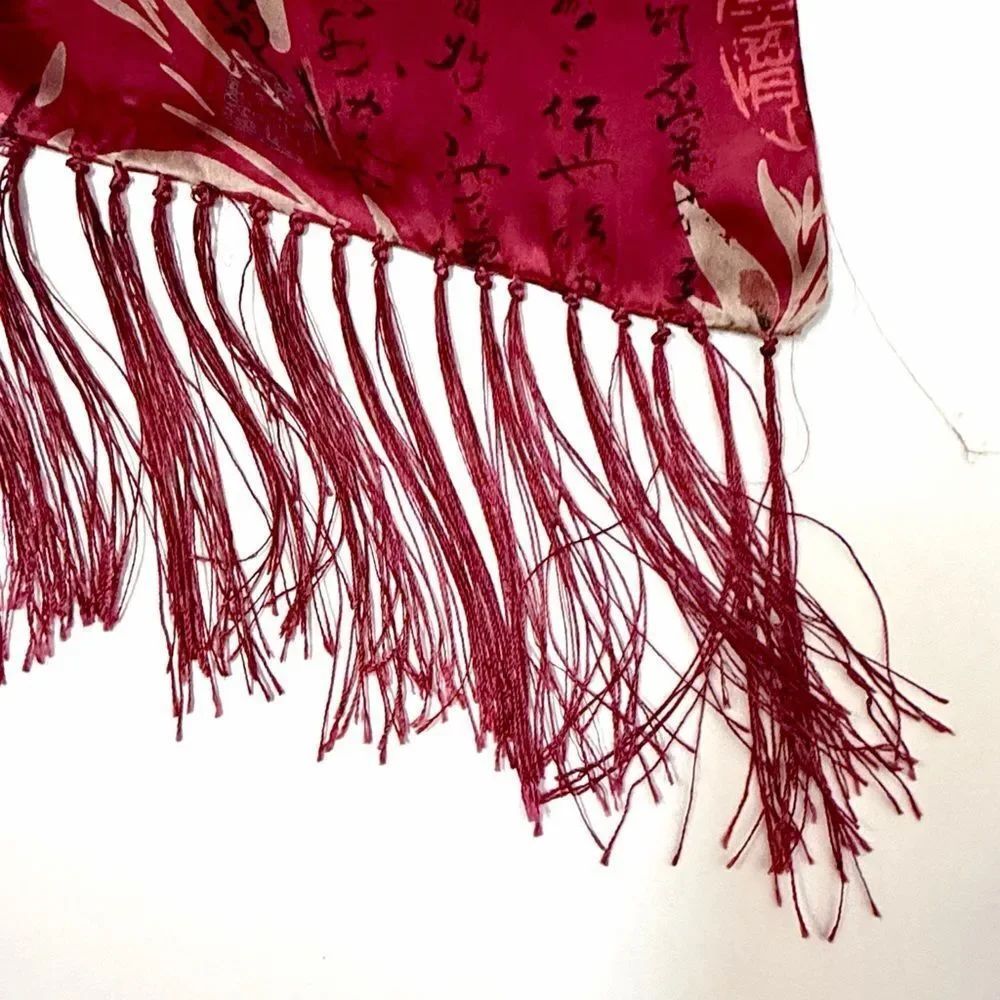 Men's Fuchsia Doubled Silk Scarf Hieroglyphs and Floral Bamboo Design Fringed - Picture 6 of 8